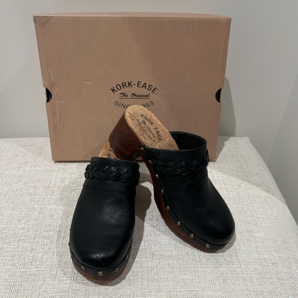 Kork-Ease Black Leather Braided Clogs